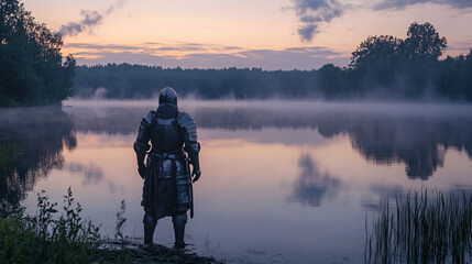 A knight stands on the shores of a lake at dawn, his armor reflecting the first light of day. The stillness of the water mirrors his inner calm as he prepares to face the challenges ahead.