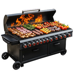 A large grill with various meats and vegetables being cooked.