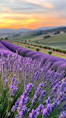 Naklejka premium Captivating Lavender Fields at Scenic Sunset in Countryside Landscape
