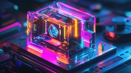 Transparent computing module showing inner components glowing in vibrant colors inside a minimalist lab