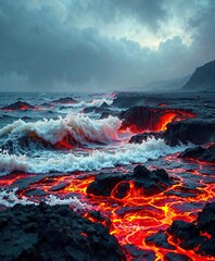 Naklejka premium Waves of fire crashing against an ocean of molten lava, turbulent, energy, fiery