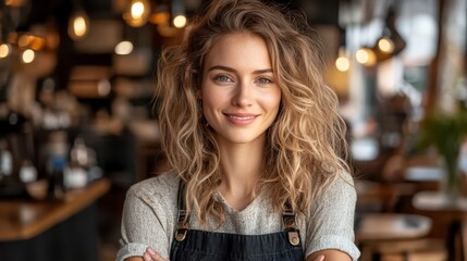 Fototapeta premium Attractive Young Woman with Blonde Curly Hair Smiling in a Coffee Shop