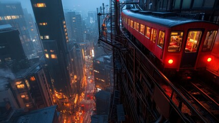 Elevated Train at Night in a Dense Illuminated Cityscape