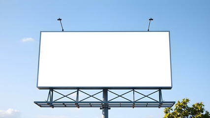 Blank billboard mockup on blue sky background for new advertisement. Generative AI