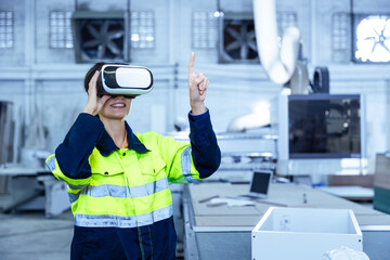 Modern Factory Innovation Technology in Industry, Technician using VR Virtual Reality Headset
