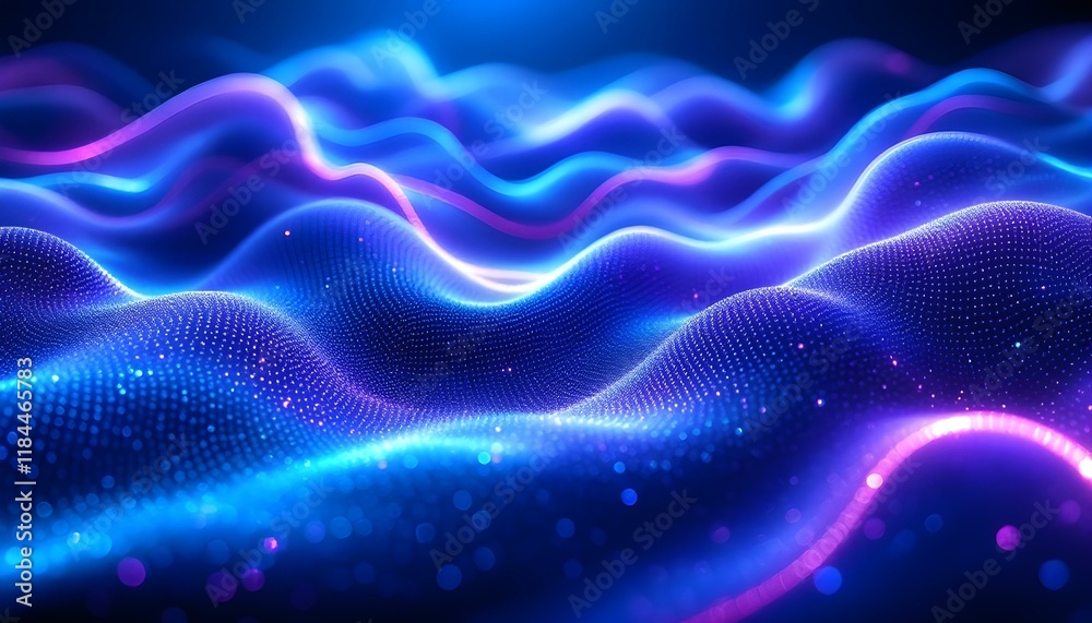 Poster Cool blue and purple abstract background with glowing waves. Shiny moving lines design element. Futuristic technology concept. Dark abstract background with glowing wave. Shiny moving lines design