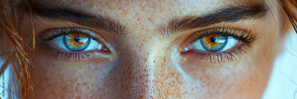 Poster Macro-lens close-up focusing on the eye area and brow, with precise hex bins capturing fine lines on a minimal white canvas,