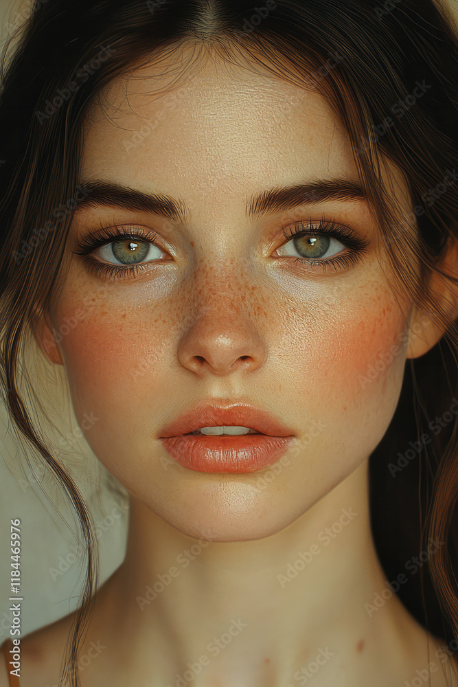 Poster softly lit frontal pose: subtle hex geometry shifting across the face, highlighting subtle dryness o