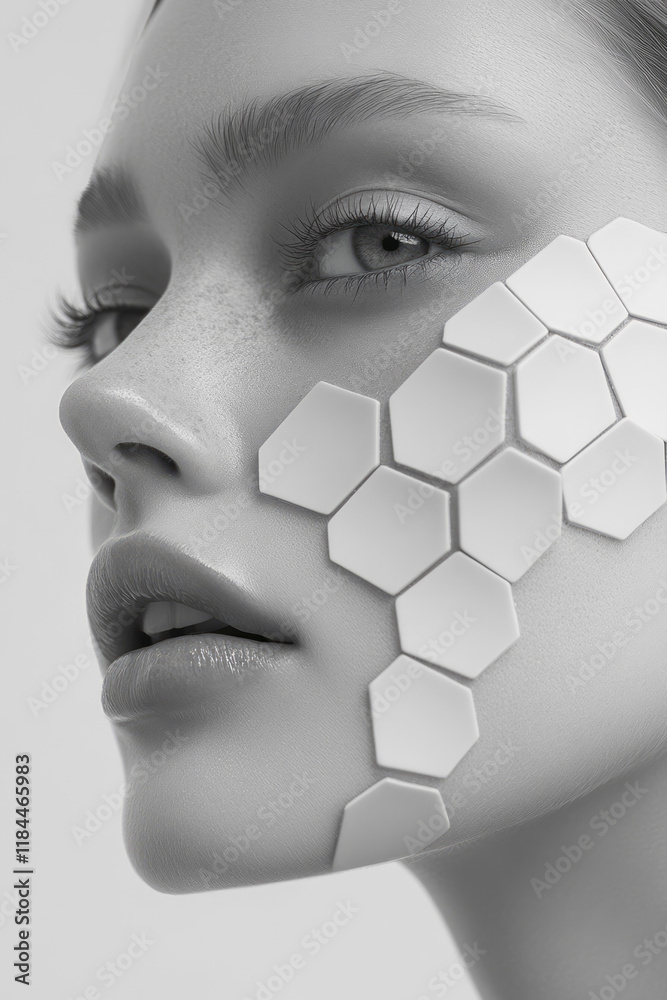 Poster understated conceptual beauty image where each hexagon appears like a diagnostic lens over the model
