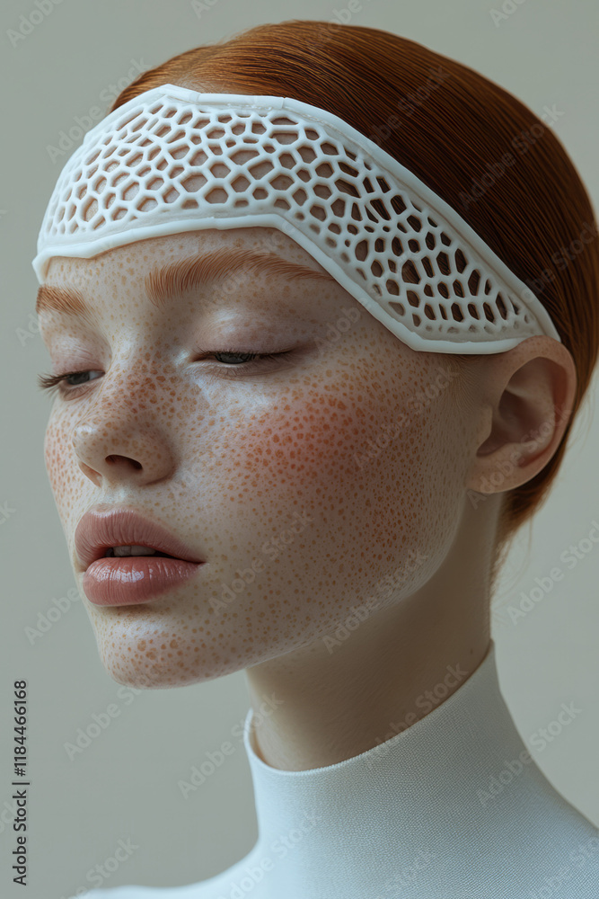 Poster a symmetrical arrangement of translucent hexagons across the modelâ€™s forehead, accenting pore visi