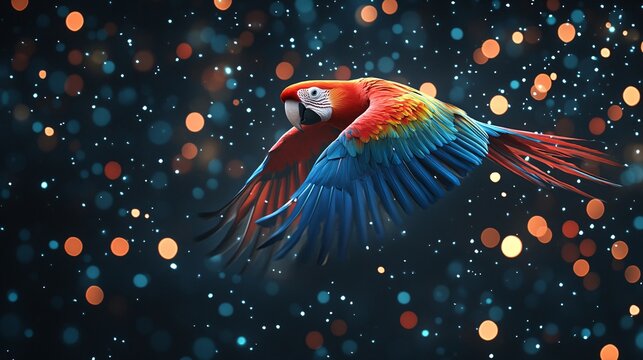 Colorful macaw flying through a glittering, bokeh background at nighttime