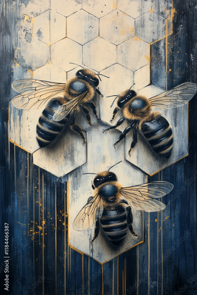 Poster Stylized partial shading using hexagon borders to separate highlights and midtones, with negative space on the right side,