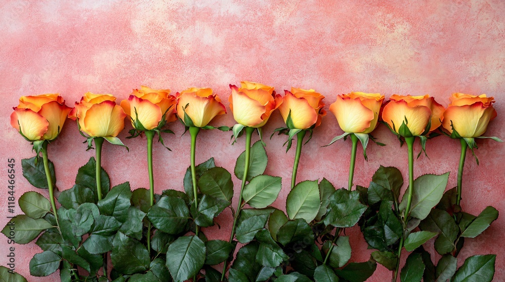 Poster Beautiful orange and yellow roses arranged against a pink textured background