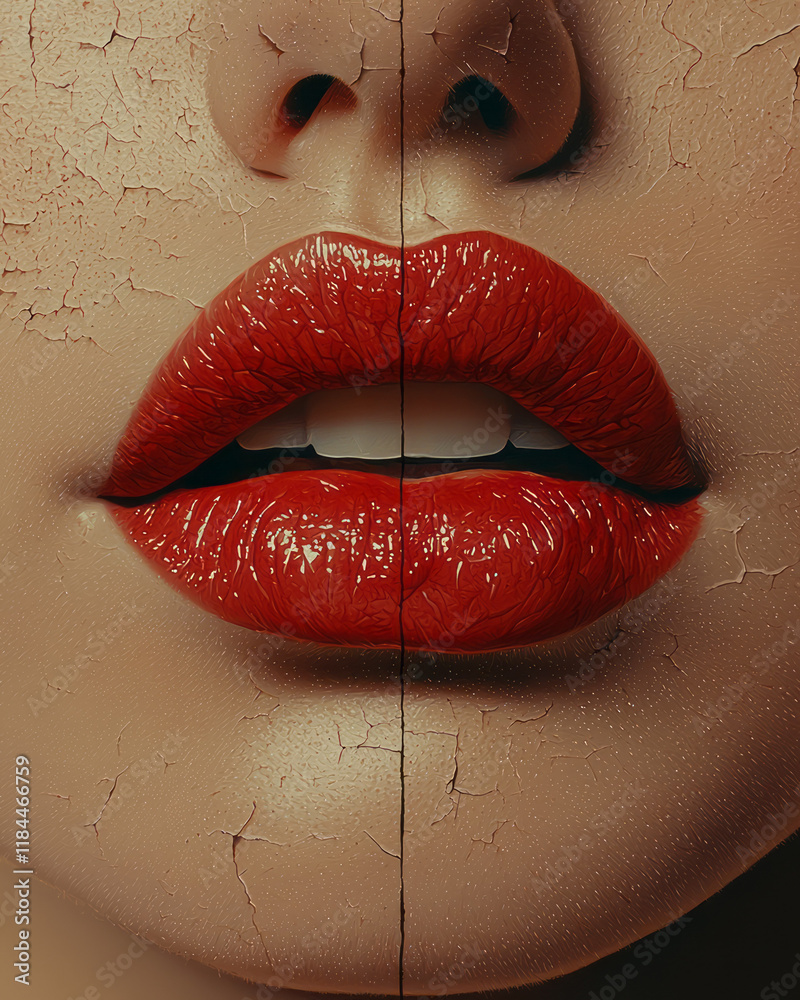 Poster slightly parted lips in a relaxed pose, with hex overlays zeroing in on dryness or texture around th