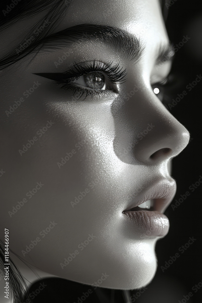 Aufkleber faint lines of hex geometry faintly glowing, tracing the cheekbone arc and brow line, offering a fut