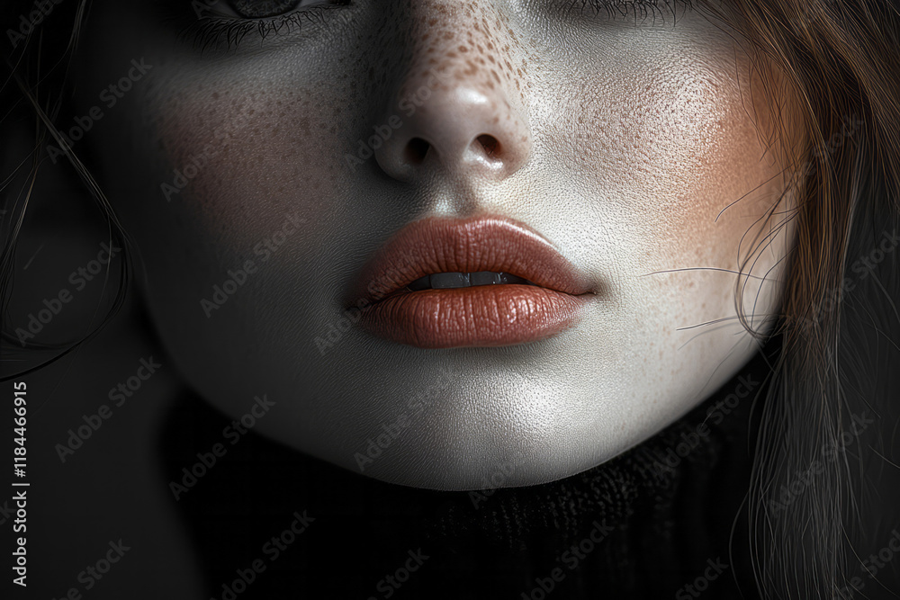 Poster elegant minimalism: just the lower half of the face visible with hex shapes delineating the chin con