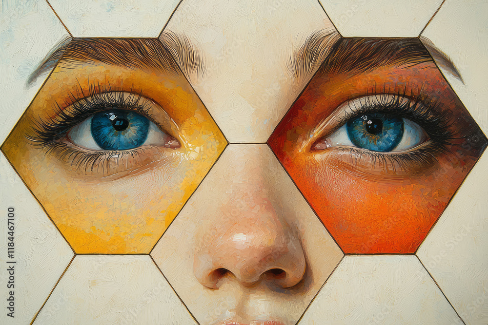 Poster three-tiered hex layers on cheekbones, each highlighting a different tone range, floating on a matte