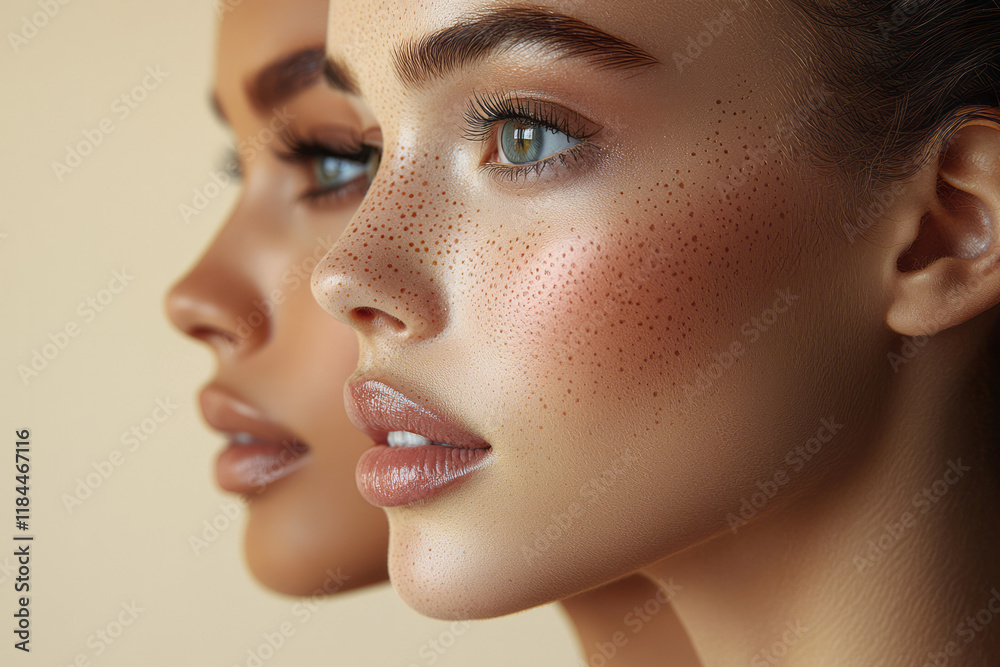 Poster Three-tiered hex layers on cheekbones, each highlighting a different tone range, floating on a matte off-white surface,
