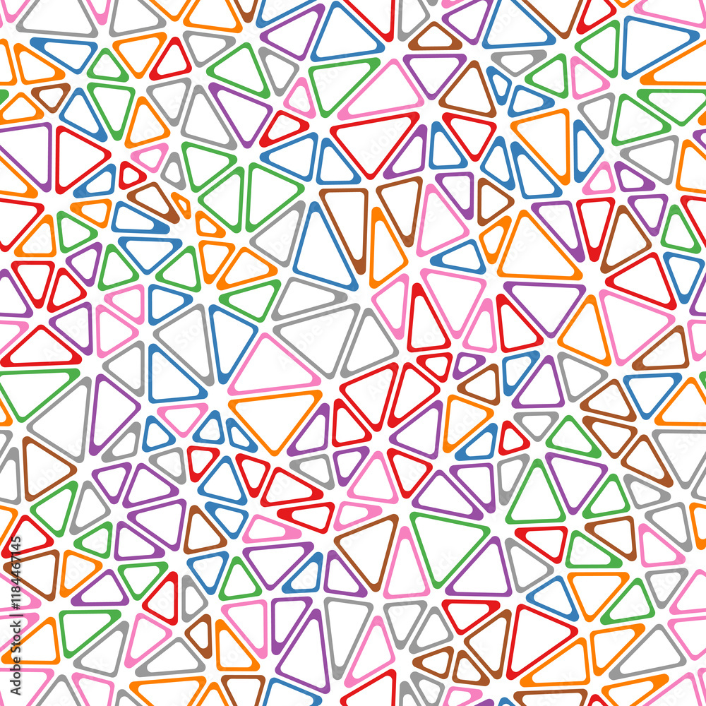 Poster mosaic background. small triangles size. multiple colors style. rounded triangular cells outlined. r