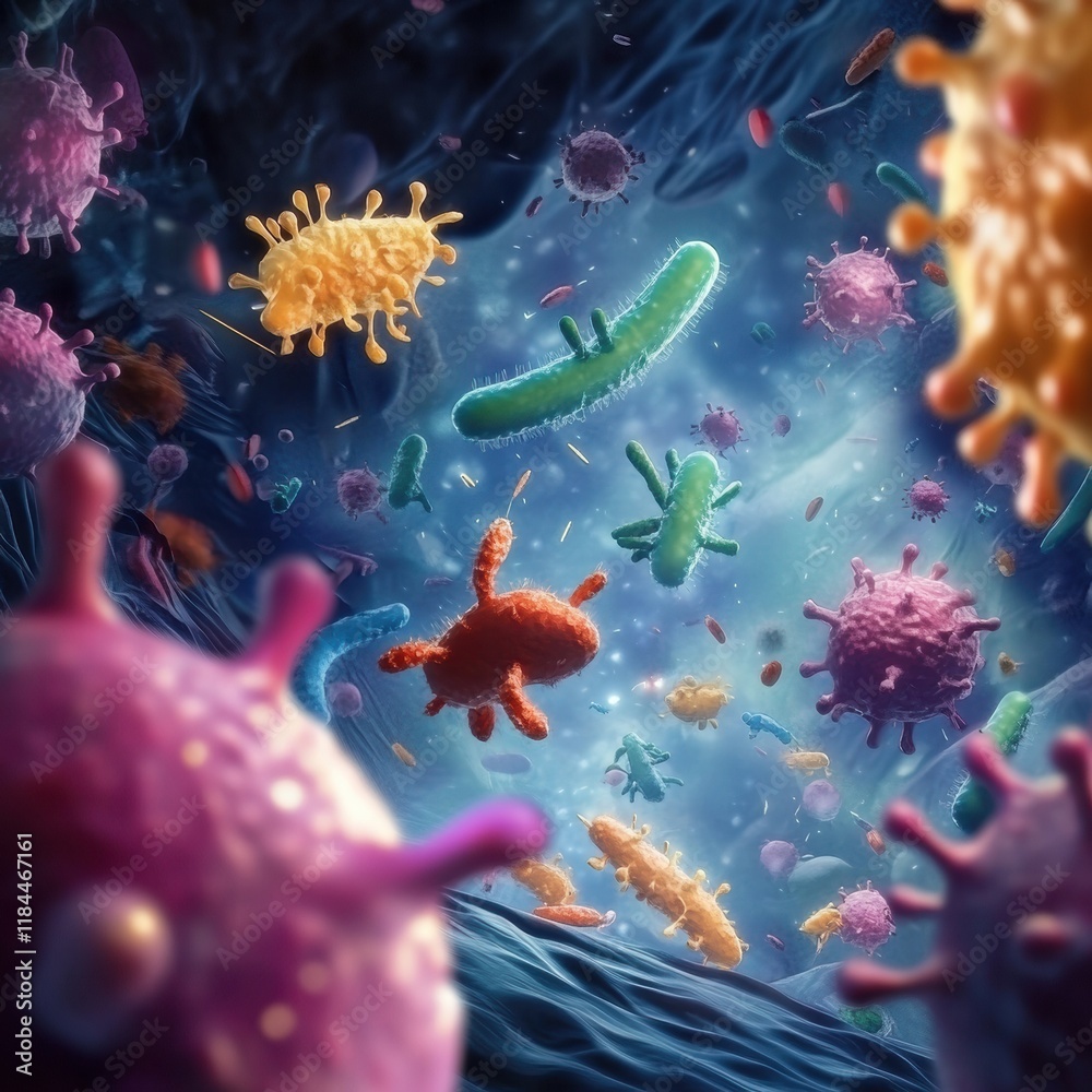 Poster cartoon style bacteria engaged in a dynamic battle against antibodies in a vibrant microscopic world
