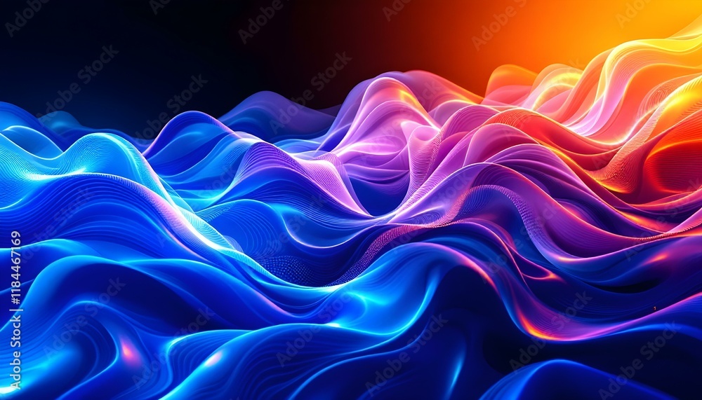 Poster Digital waveforms in blue and purple, abstract background. Abstract digital background with flowing waves in vibrant blue and purple hues.  Radiant lighting, flowing motion, deep textures