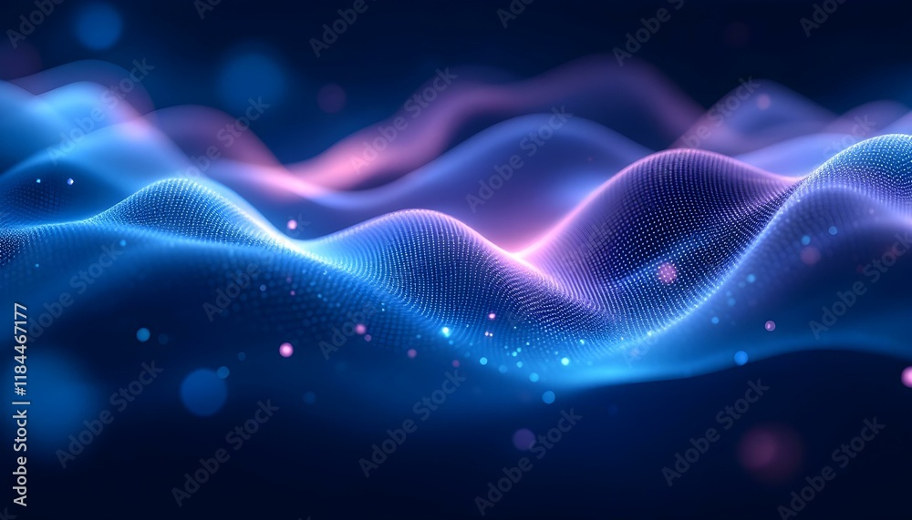 Poster Digital waveforms in blue and purple, abstract background. Abstract digital background with flowing waves in vibrant blue and purple hues.  Radiant lighting, flowing motion, deep textures