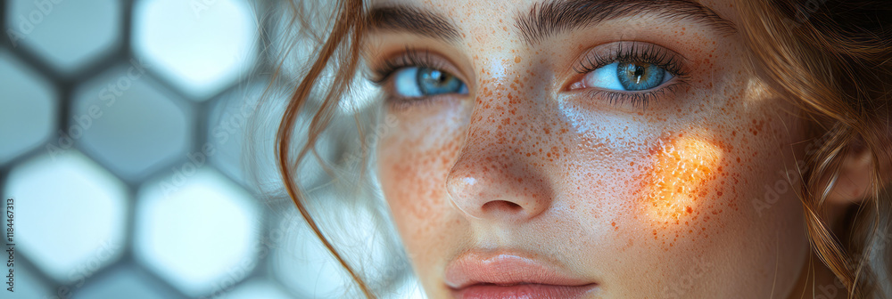 Poster Gentle partial profile with hex patterns lightly indicating moisture levels around the upper cheek, on a neutral tinted background,