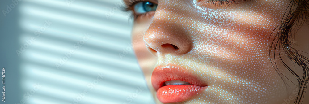 Poster Gentle partial profile with hex patterns lightly indicating moisture levels around the upper cheek, on a neutral tinted background,