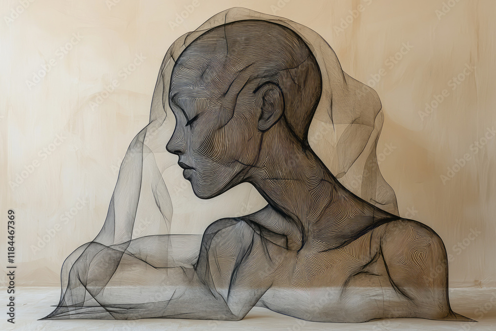 Poster A single silhouetted figure with line-art outlines of varying body shapes overlapping on a soft beige backdrop,