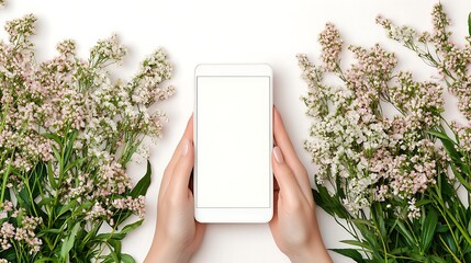 Hands holding smartphone with blank screen surrounded by flowers on white background.