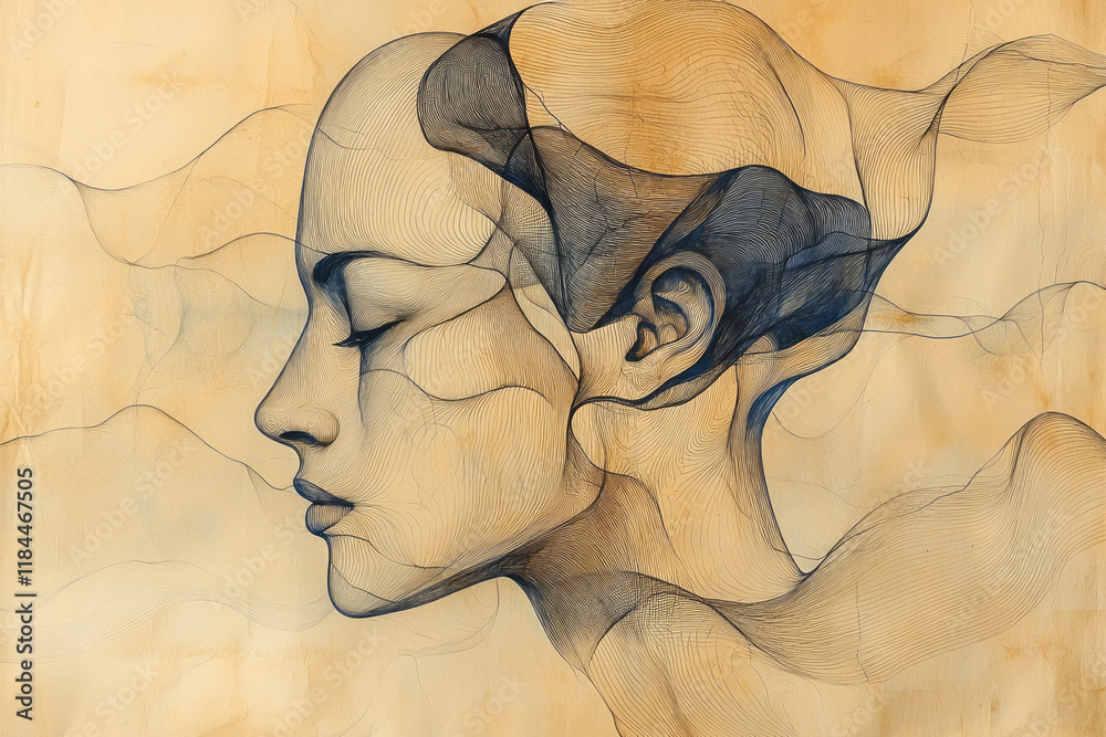 Poster a single silhouetted figure with line-art outlines of varying body shapes overlapping on a soft beig