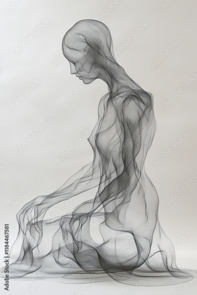 Aufkleber Subtle continuous lines tracing multiple body poses around a central human figure on a pale gray canvas,