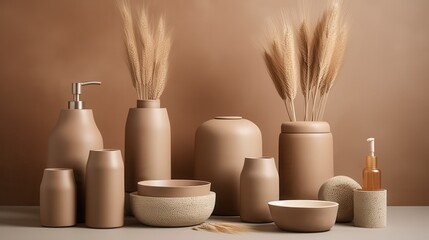 A minimalistic arrangement of matte ceramic skincare containers in earthy tones like terracotta and ivory.