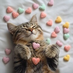 Cat relaxing on a cozy bed surrounded by colorful heart-shaped candies during a peaceful afternoon