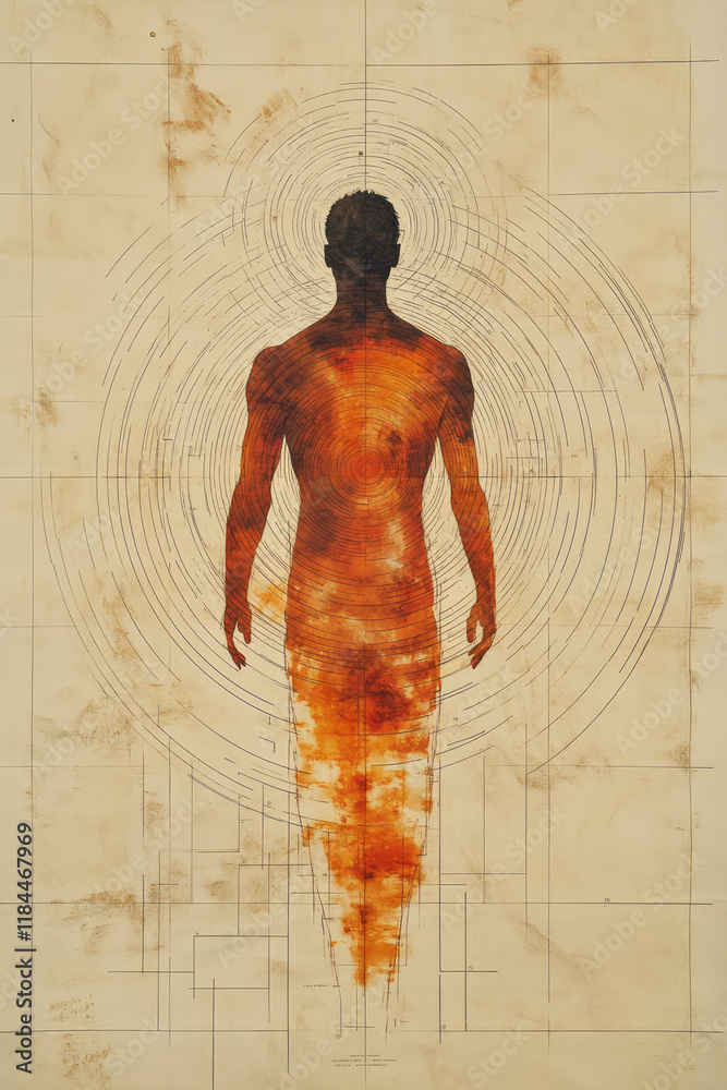 Poster tiny, delicate lines highlighting different body parts, arranged in an orbit-like pattern around a b