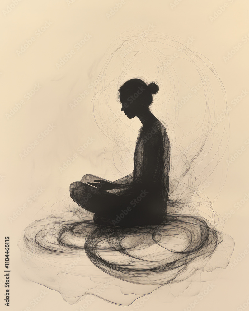 Poster delicate line loops referencing different body postures, orbiting a small central figure in a nearly