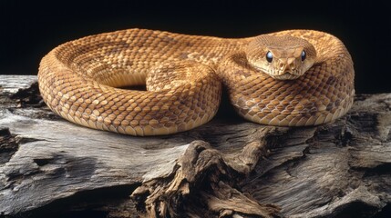Fototapeta premium A Close up of a Snake Sitting on a Piece of Wood - Generative AI