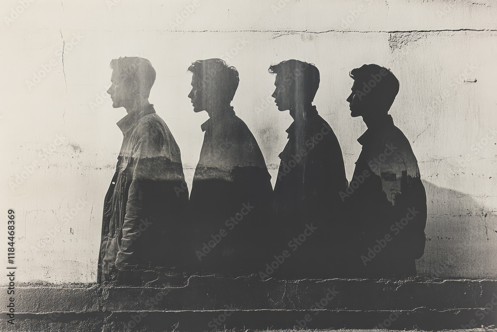 Leinwandbilder Faded partial outlines of different body shapes behind a solid line figure, each offset slightly to create depth on a neutral gray,