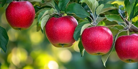 Obraz premium Vibrant red apples hanging from an apple tree branch, showcasing the beauty of ripe red apples against lush green leaves in a serene natural setting with a focus on the red apples.