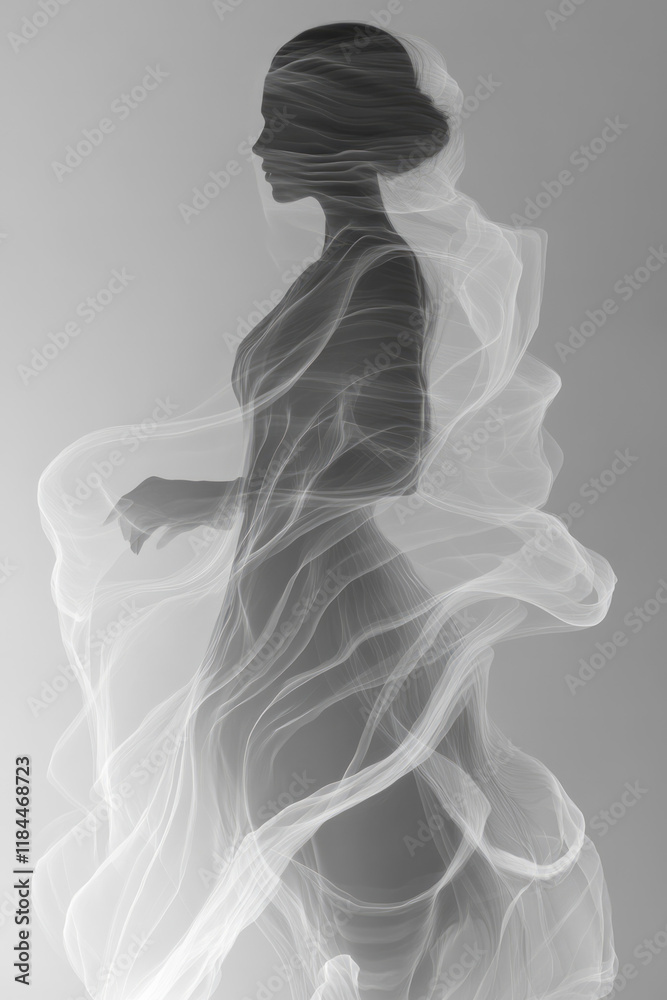 Poster interwoven single-line motifs capturing simplified body fragments, swirling around a calmly posed hu