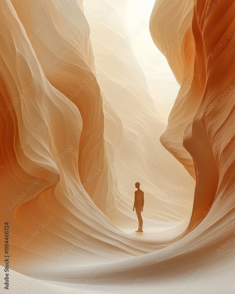 Poster Wave-like lines signifying different body silhouettes converging at a single minimal figure, set on a warm beige gradient,