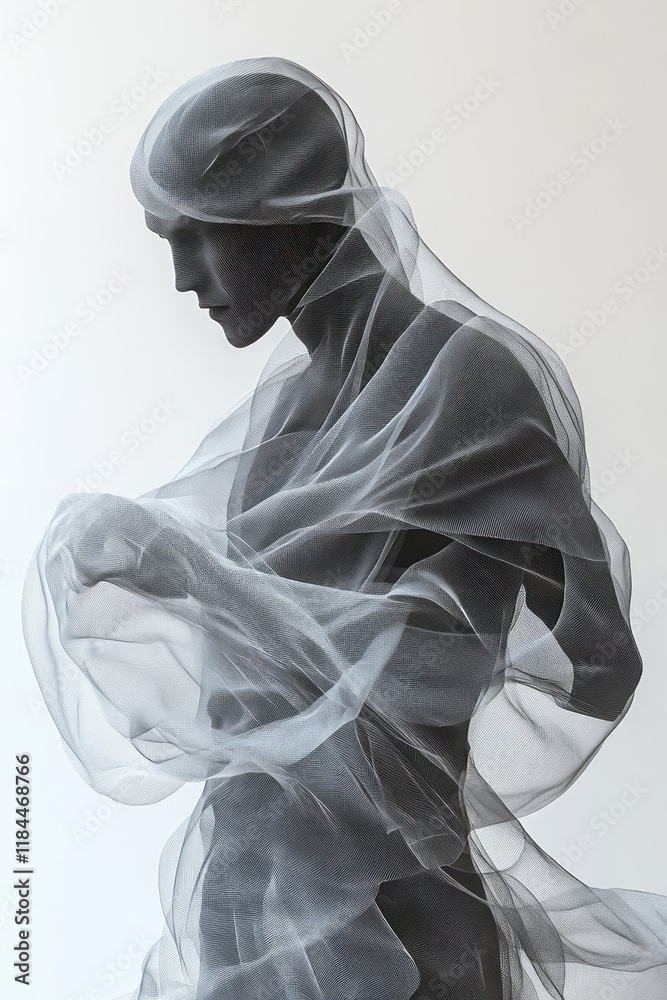 Aufkleber interwoven single-line motifs capturing simplified body fragments, swirling around a calmly posed hu