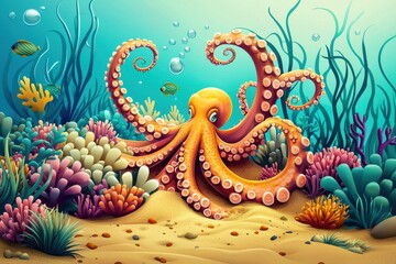 Obraz premium Mesmerizing artwork showcasing an octopus amidst vibrant algae and coral formations.