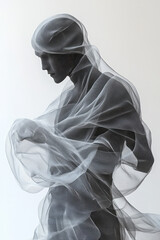 Interwoven single-line motifs capturing simplified body fragments, swirling around a calmly posed human shape on a soft gray base,