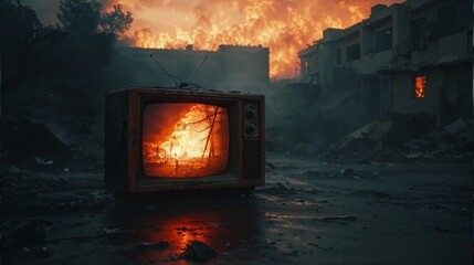 Obraz premium Old Television Displaying Fire Amidst Ruins of a Burning City