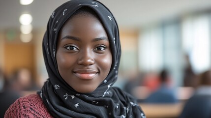 Young woman in a headscarf smiling warmly in a bright, modern library setting