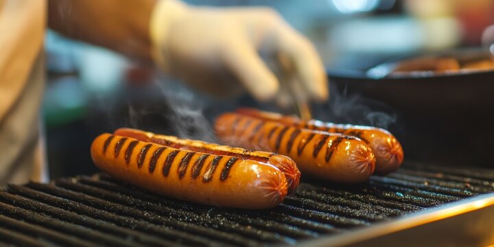 A chef skillfully cooking two hot dogs on a grill, showcasing culinary techniques. This chef demonstrates expertise in preparing hot dogs, making them a delightful menu item.