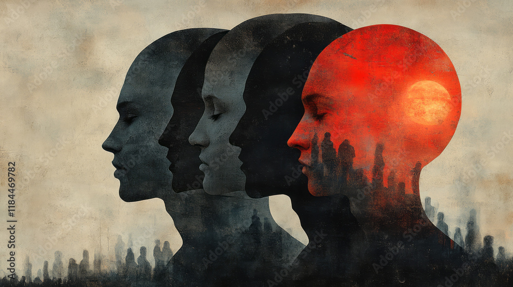 Aufkleber a minimal composition of repeated gray silhouettes in profile, with one saturated figure turning tow