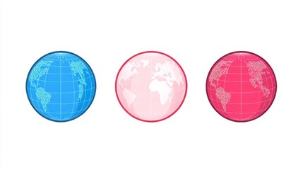 Global network connection Three stylized Earth globes in blue pink and red