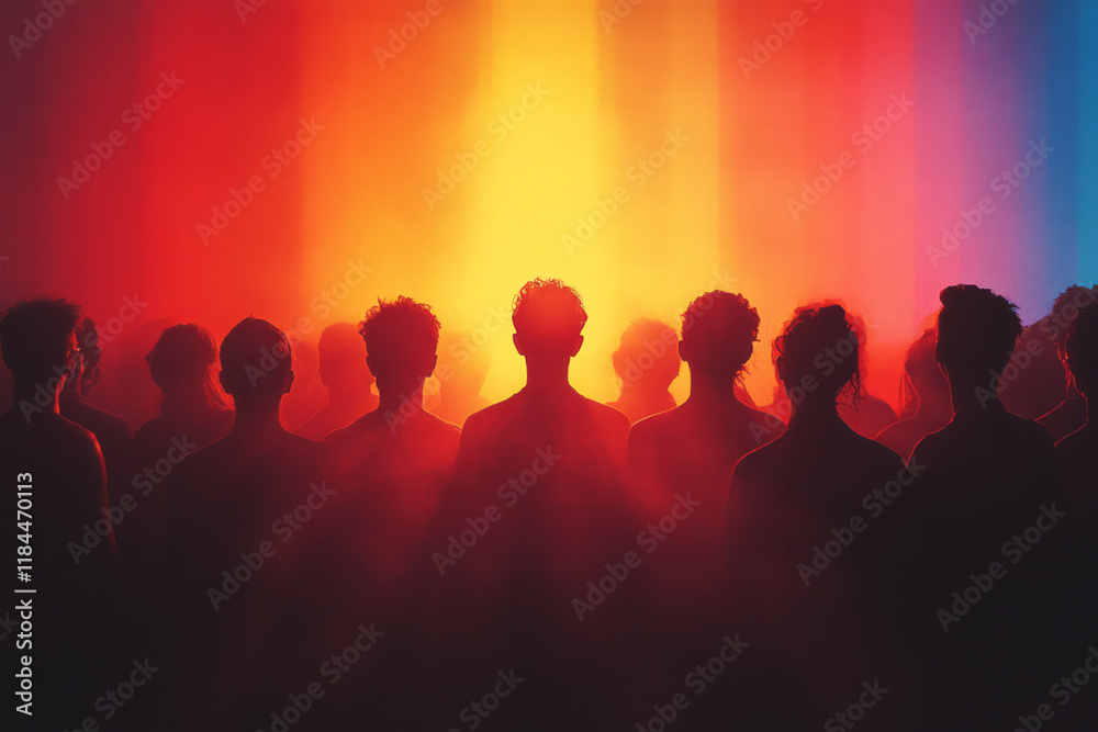 Poster crowd of subtle silhouettes filling the lower half of the image, from which one colorful shape rises